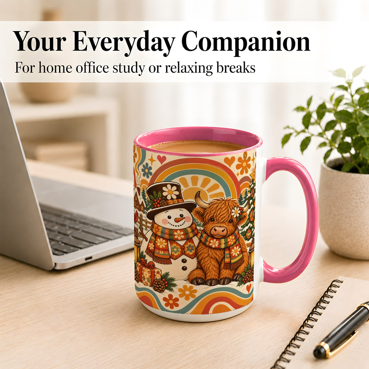 #pl[15oz|Pink] Retro Cow Snowman Coffee Mug, Boho Winter Mug, Ceramic Cup