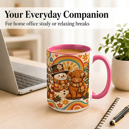 #pl[15oz|Pink] Retro Cow Snowman Coffee Mug, Boho Winter Mug, Ceramic Cup