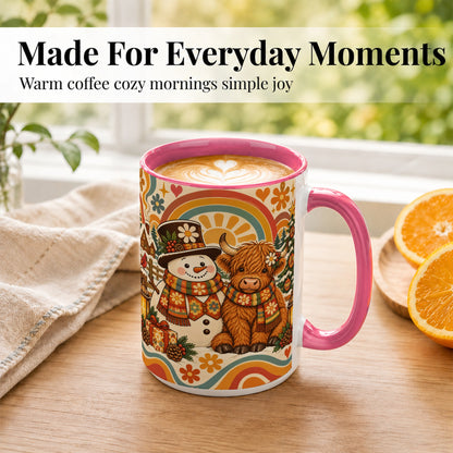 #pl[15oz|Pink] Retro Cow Snowman Coffee Mug, Boho Winter Mug, Ceramic Cup