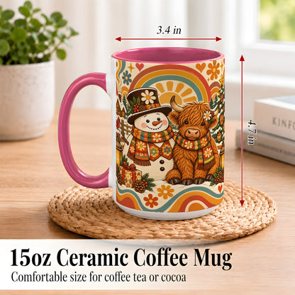 #pl[15oz|Pink] Retro Cow Snowman Coffee Mug, Boho Winter Mug, Ceramic Cup