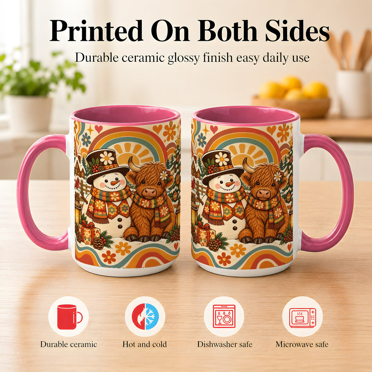 #pl[15oz|Pink] Retro Cow Snowman Coffee Mug, Boho Winter Mug, Ceramic Cup