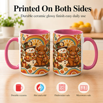 #pl[15oz|Pink] Retro Cow Snowman Coffee Mug, Boho Winter Mug, Ceramic Cup