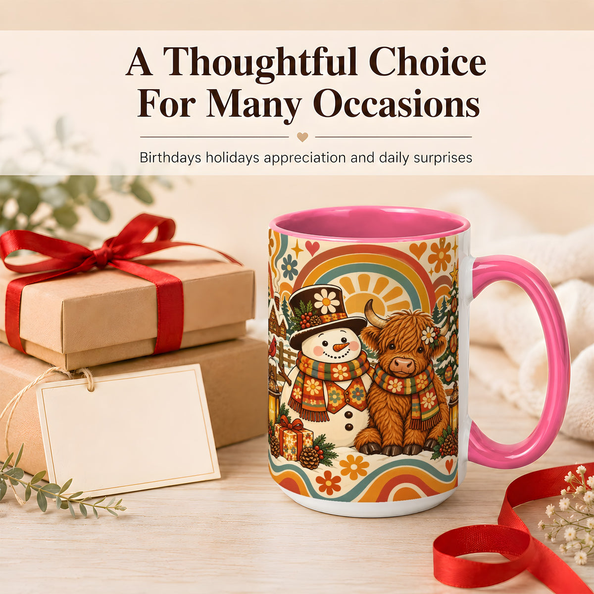 #pl[15oz|Pink] Retro Cow Snowman Coffee Mug, Boho Winter Mug, Ceramic Cup