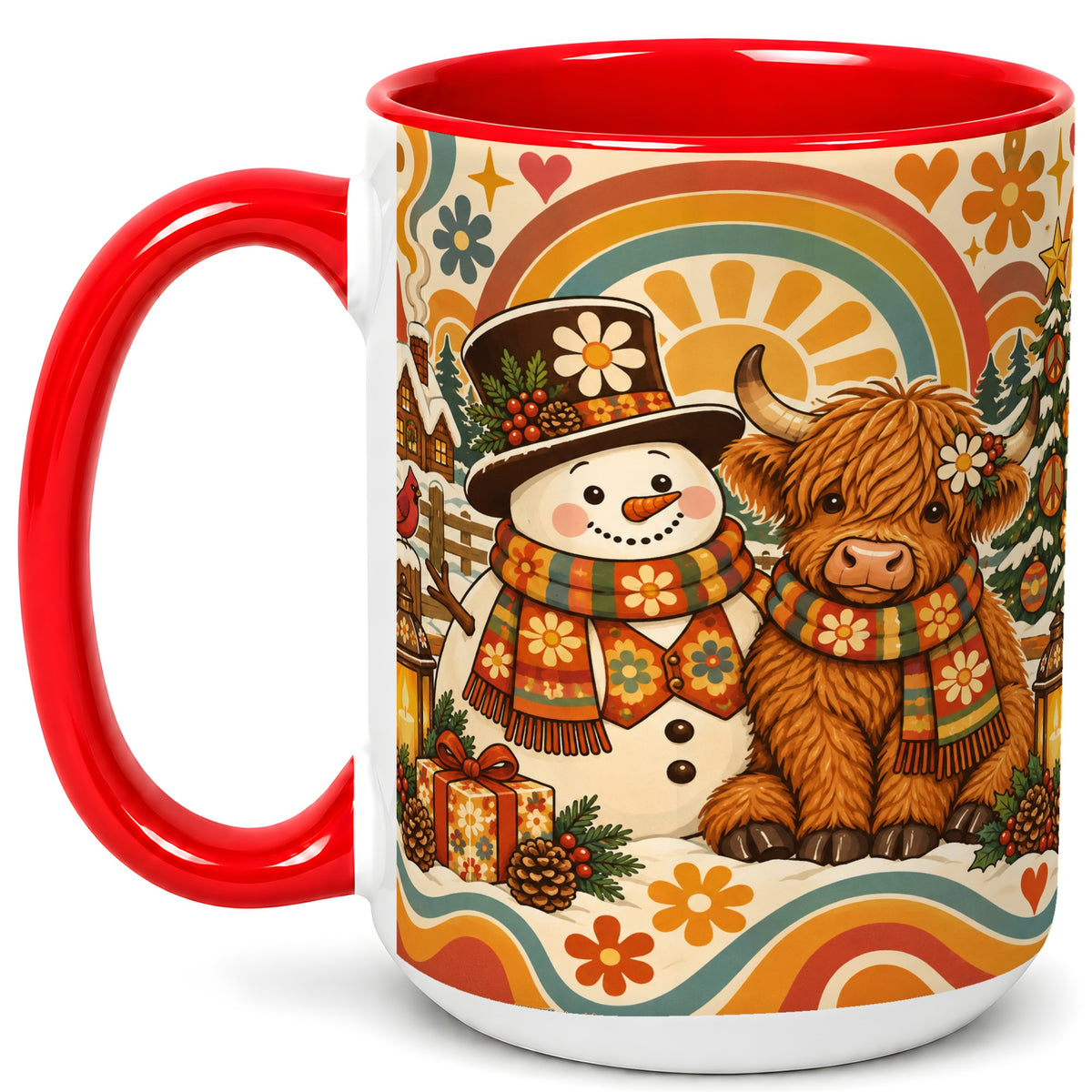 #pl[15oz|Red] Retro Cow Snowman Coffee Mug, Boho Winter Mug, Ceramic Cup