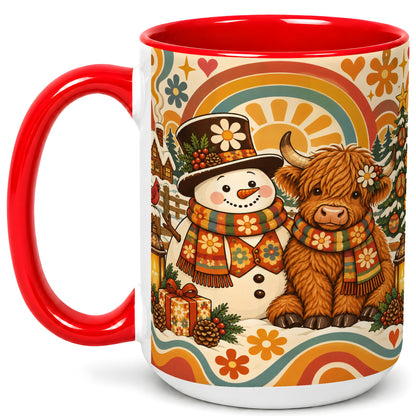 #pl[15oz|Red] Retro Cow Snowman Coffee Mug, Boho Winter Mug, Ceramic Cup