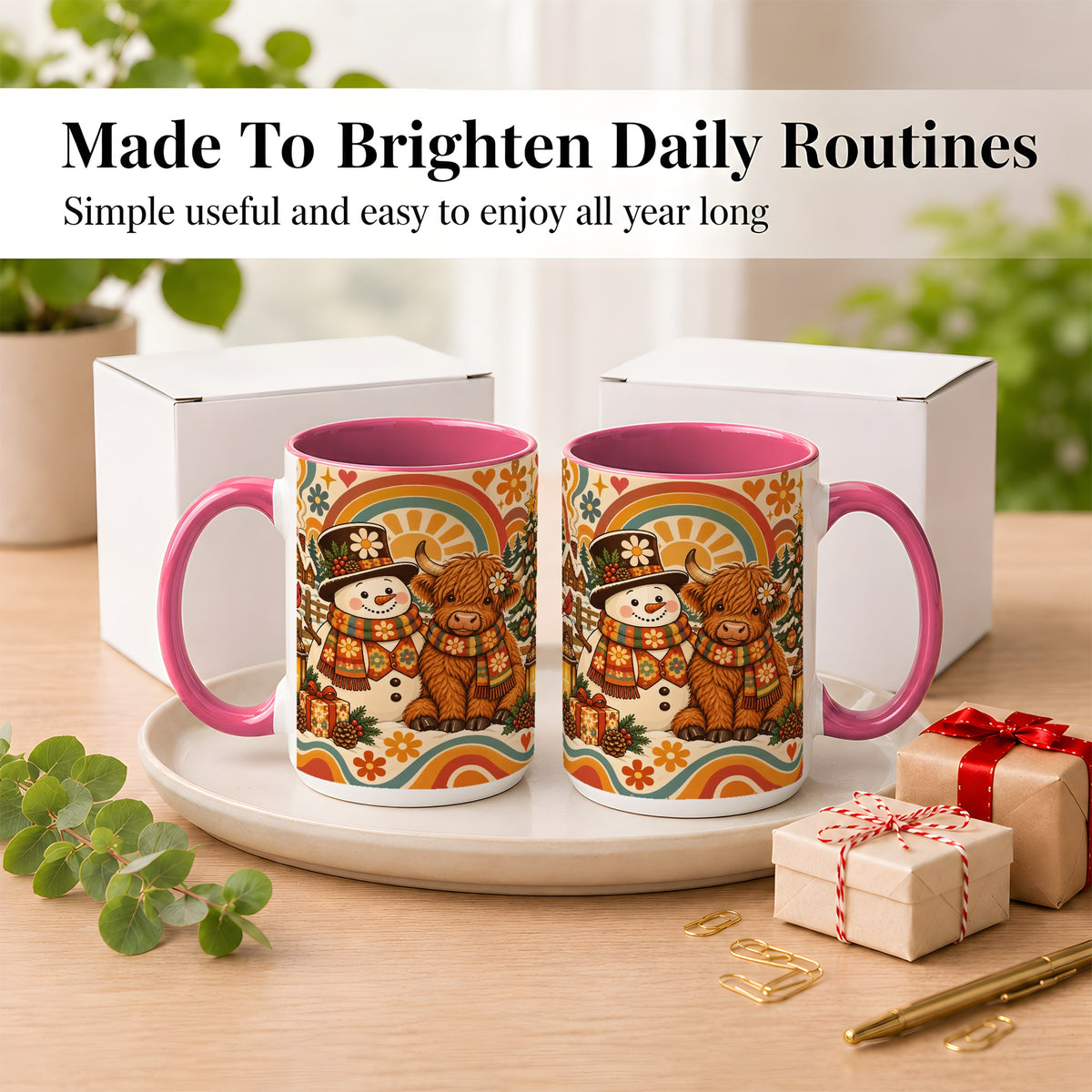 #pl[15oz|Pink] Retro Cow Snowman Coffee Mug, Boho Winter Mug, Ceramic Cup
