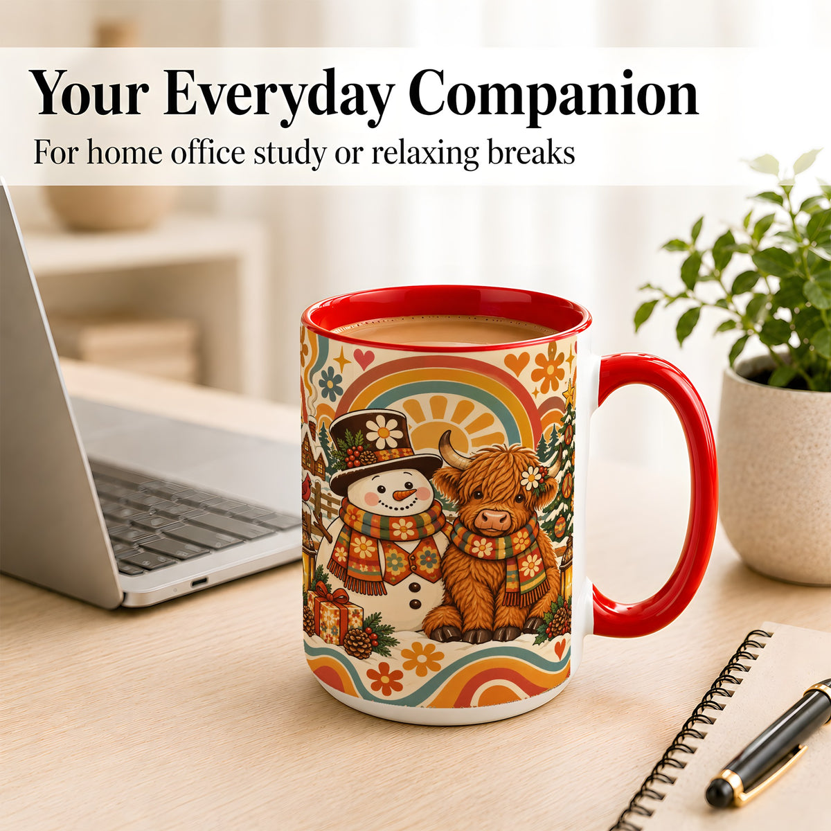 #pl[15oz|Red] Retro Cow Snowman Coffee Mug, Boho Winter Mug, Ceramic Cup