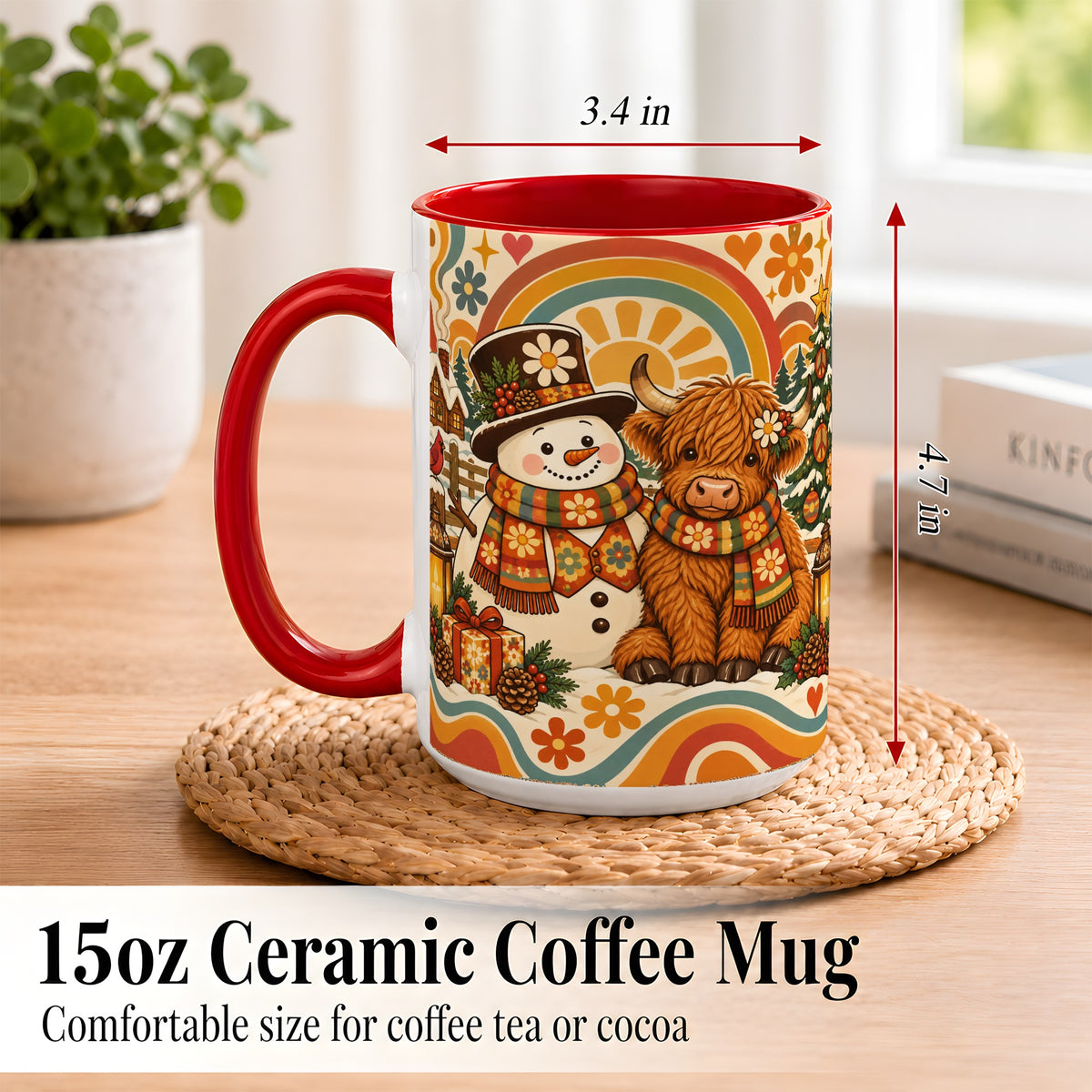 #pl[15oz|Red] Retro Cow Snowman Coffee Mug, Boho Winter Mug, Ceramic Cup