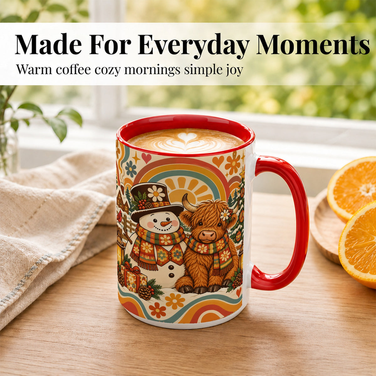 #pl[15oz|Red] Retro Cow Snowman Coffee Mug, Boho Winter Mug, Ceramic Cup
