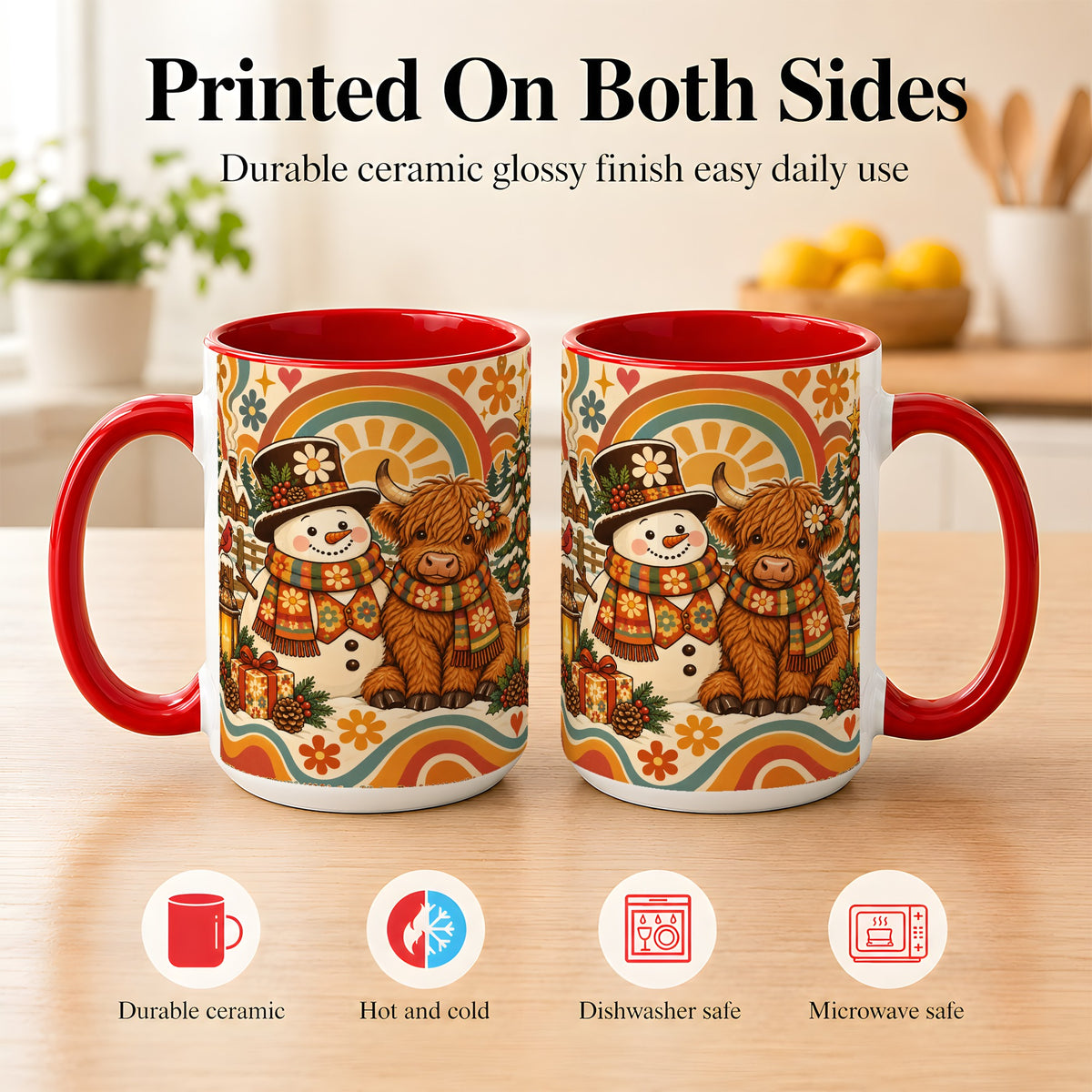 #pl[15oz|Red] Retro Cow Snowman Coffee Mug, Boho Winter Mug, Ceramic Cup