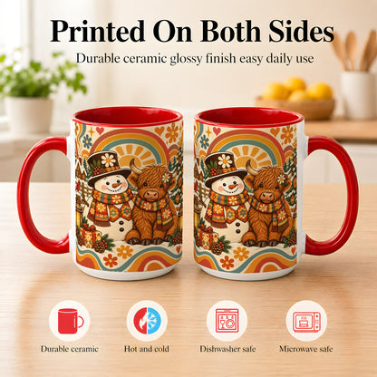 #pl[15oz|Red] Retro Cow Snowman Coffee Mug, Boho Winter Mug, Ceramic Cup