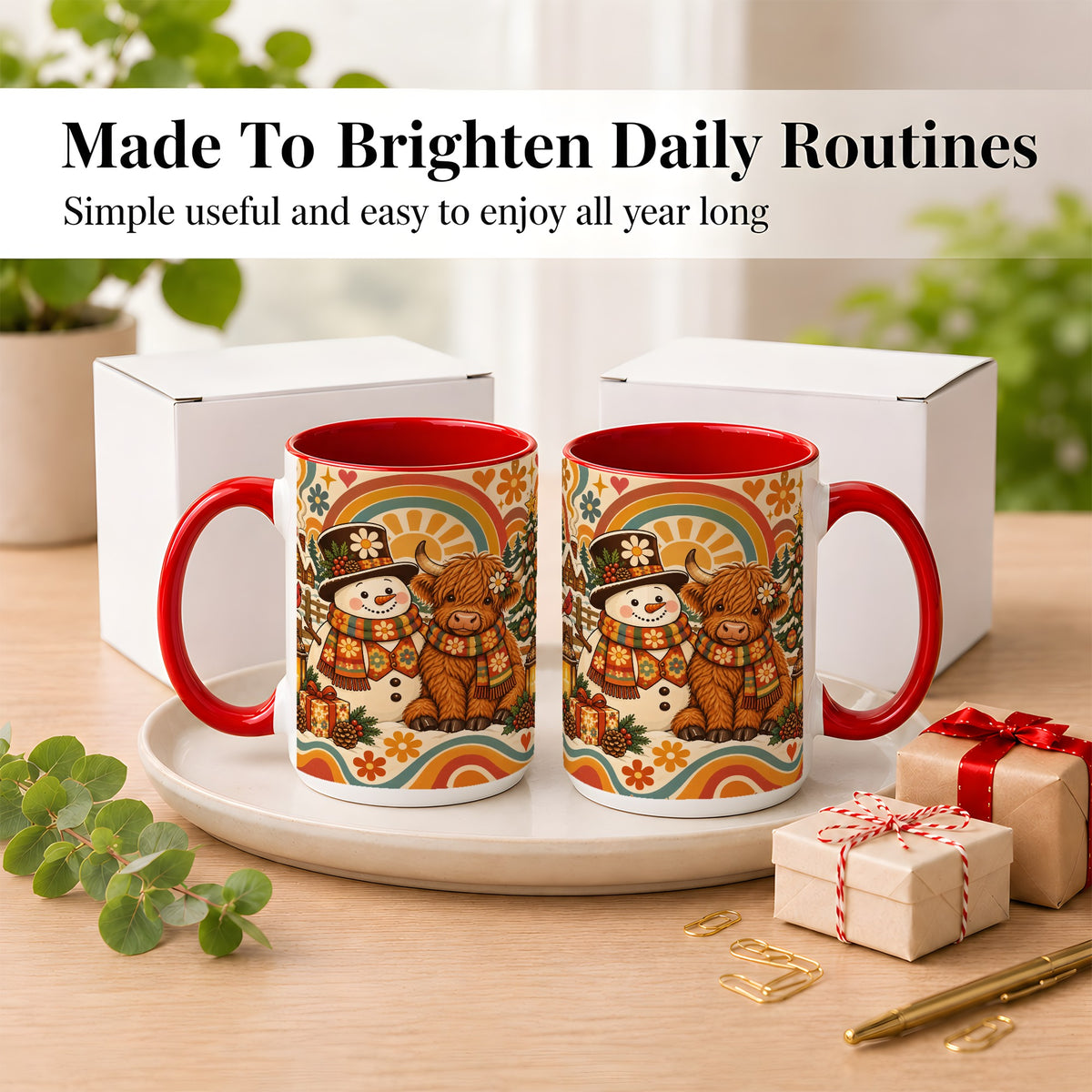 #pl[15oz|Red] Retro Cow Snowman Coffee Mug, Boho Winter Mug, Ceramic Cup