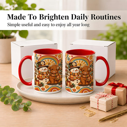 #pl[15oz|Red] Retro Cow Snowman Coffee Mug, Boho Winter Mug, Ceramic Cup