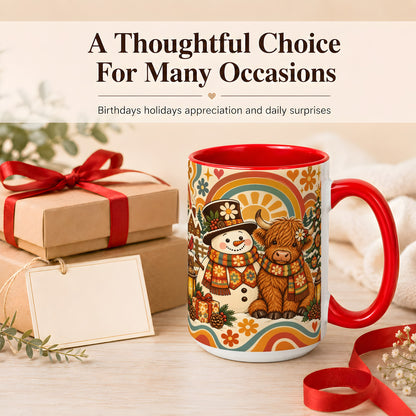 #pl[15oz|Red] Retro Cow Snowman Coffee Mug, Boho Winter Mug, Ceramic Cup
