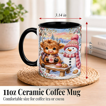 #pl[11oz|Black] Highland Cow Snowman Coffee Mug, Watercolor Winter Mug, Ceramic Cup