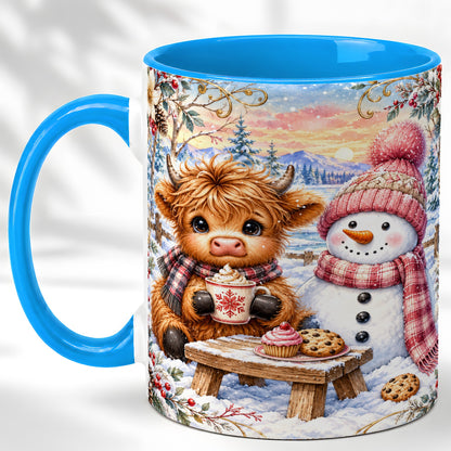 #pl[11oz|Blue] Highland Cow Snowman Coffee Mug, Watercolor Winter Mug, Ceramic Cup