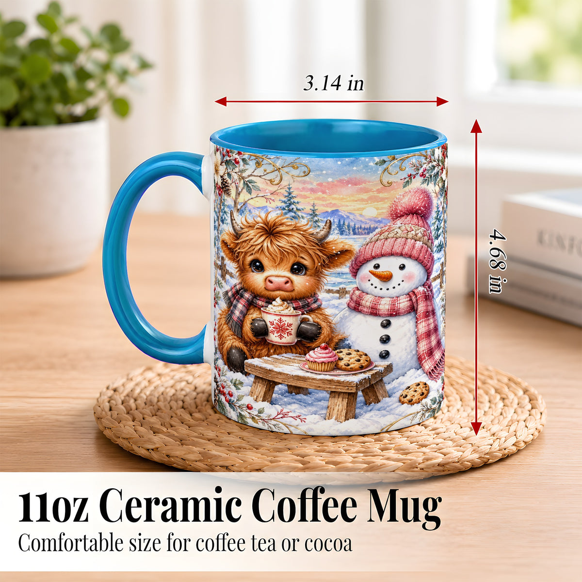 #pl[11oz|Blue] Highland Cow Snowman Coffee Mug, Watercolor Winter Mug, Ceramic Cup