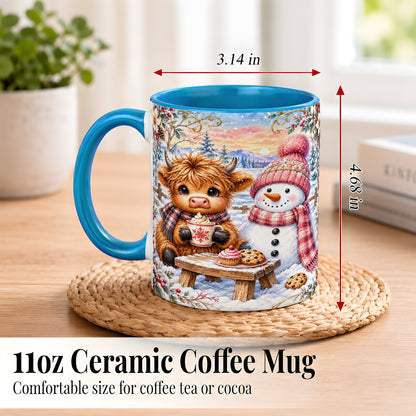#pl[11oz|Blue] Highland Cow Snowman Coffee Mug, Watercolor Winter Mug, Ceramic Cup