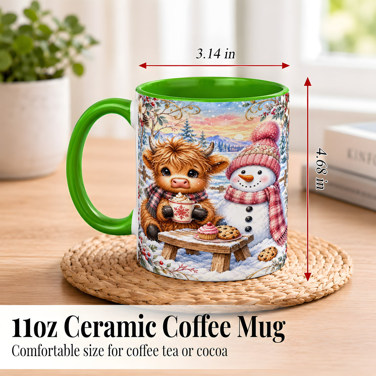 #pl[11oz|Green] Highland Cow Snowman Coffee Mug, Watercolor Winter Mug, Ceramic Cup