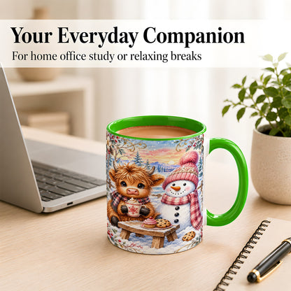 #pl[11oz|Green] Highland Cow Snowman Coffee Mug, Watercolor Winter Mug, Ceramic Cup