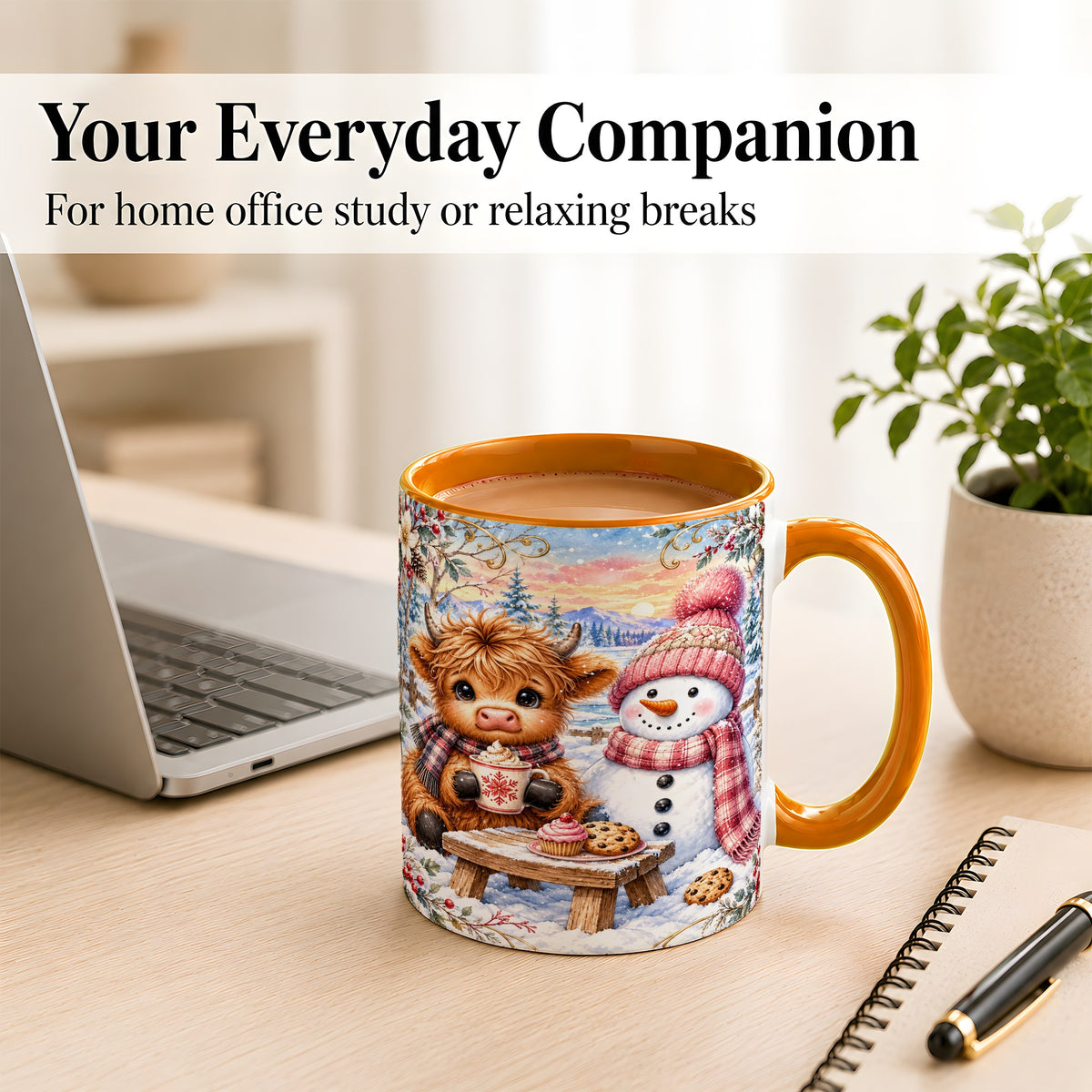 #pl[11oz|Orange] Highland Cow Snowman Coffee Mug, Watercolor Winter Mug, Ceramic Cup