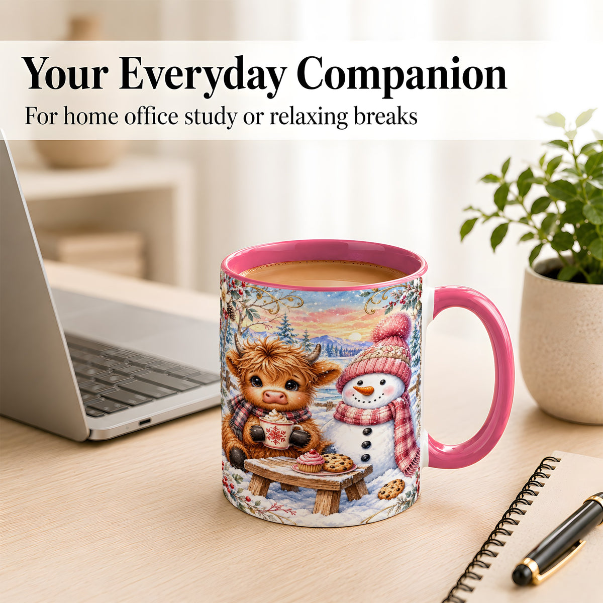 #pl[11oz|Pink] Highland Cow Snowman Coffee Mug, Watercolor Winter Mug, Ceramic Cup