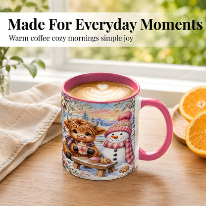 #pl[11oz|Pink] Highland Cow Snowman Coffee Mug, Watercolor Winter Mug, Ceramic Cup