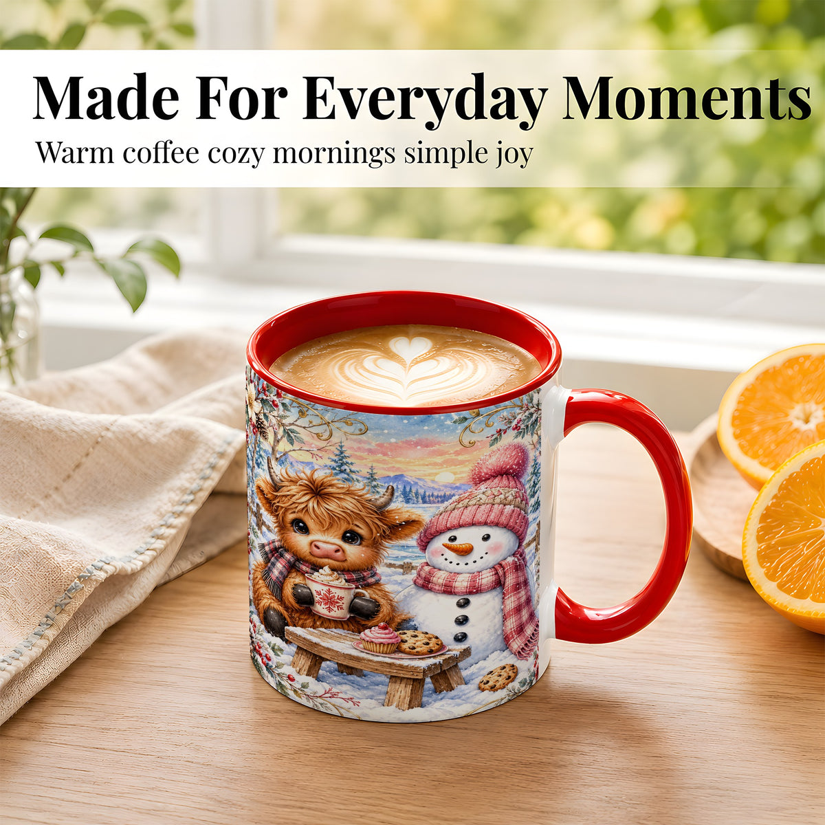 #pl[11oz|Red] Highland Cow Snowman Coffee Mug, Watercolor Winter Mug, Ceramic Cup
