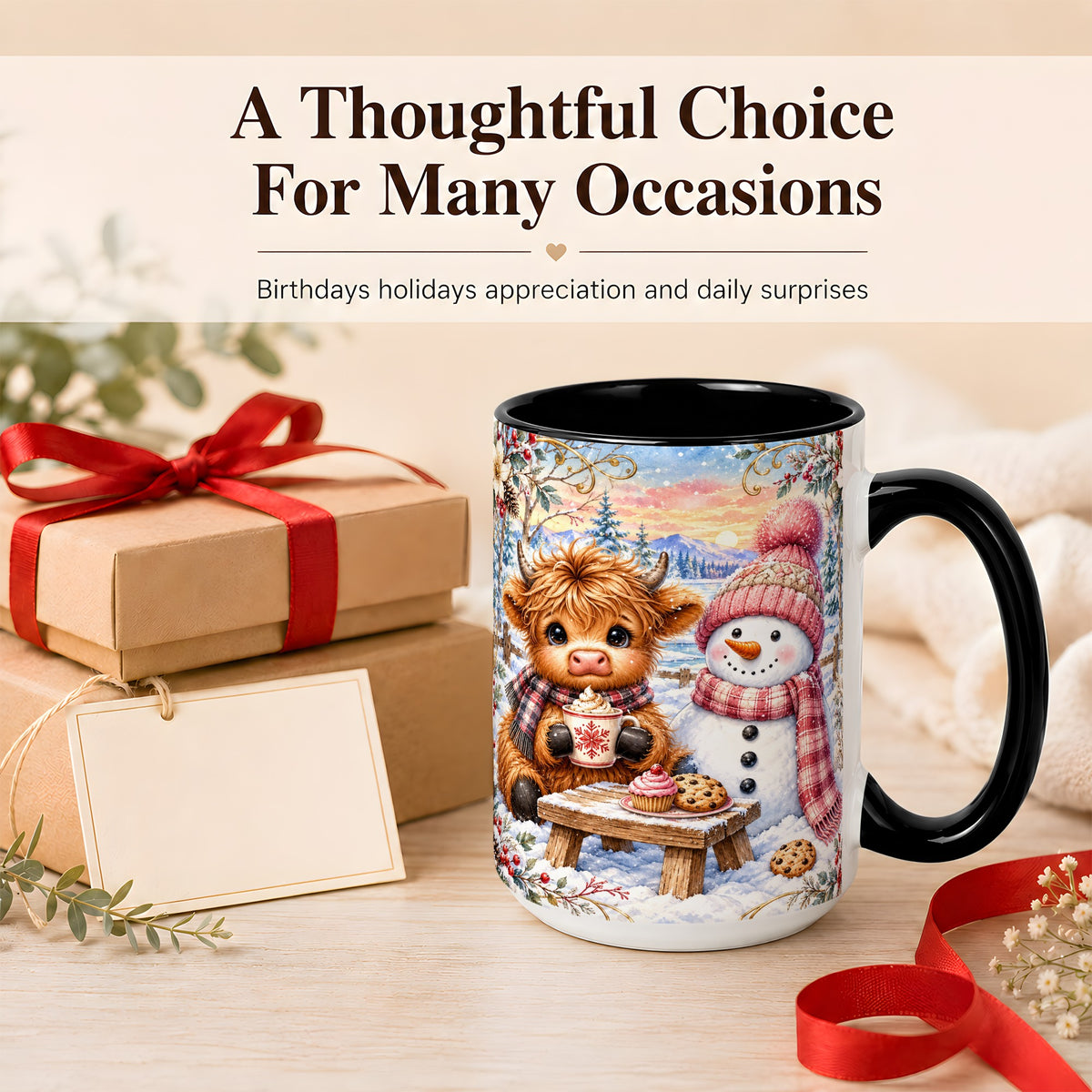 #pl[15oz|Black] Highland Cow Snowman Coffee Mug, Watercolor Winter Mug, Ceramic Cup