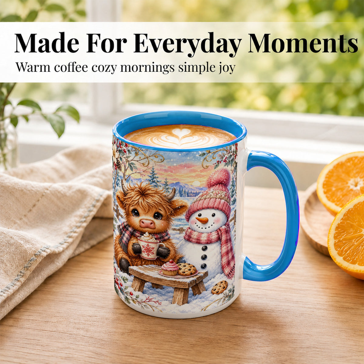 #pl[15oz|Blue] Highland Cow Snowman Coffee Mug, Watercolor Winter Mug, Ceramic Cup