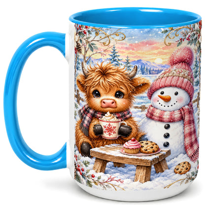#pl[15oz|Blue] Highland Cow Snowman Coffee Mug, Watercolor Winter Mug, Ceramic Cup