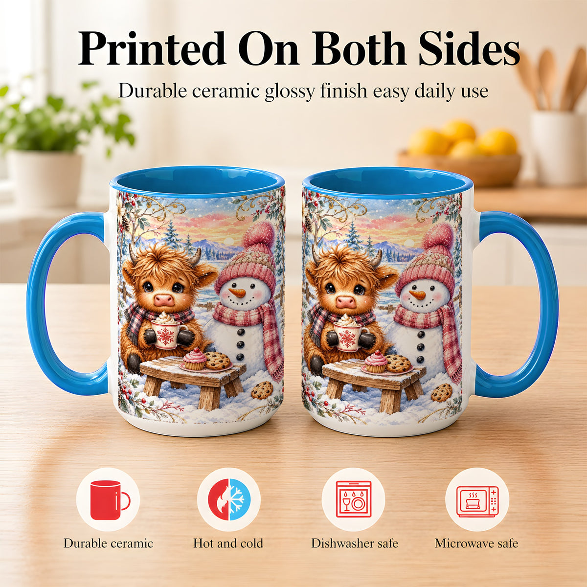 #pl[15oz|Blue] Highland Cow Snowman Coffee Mug, Watercolor Winter Mug, Ceramic Cup