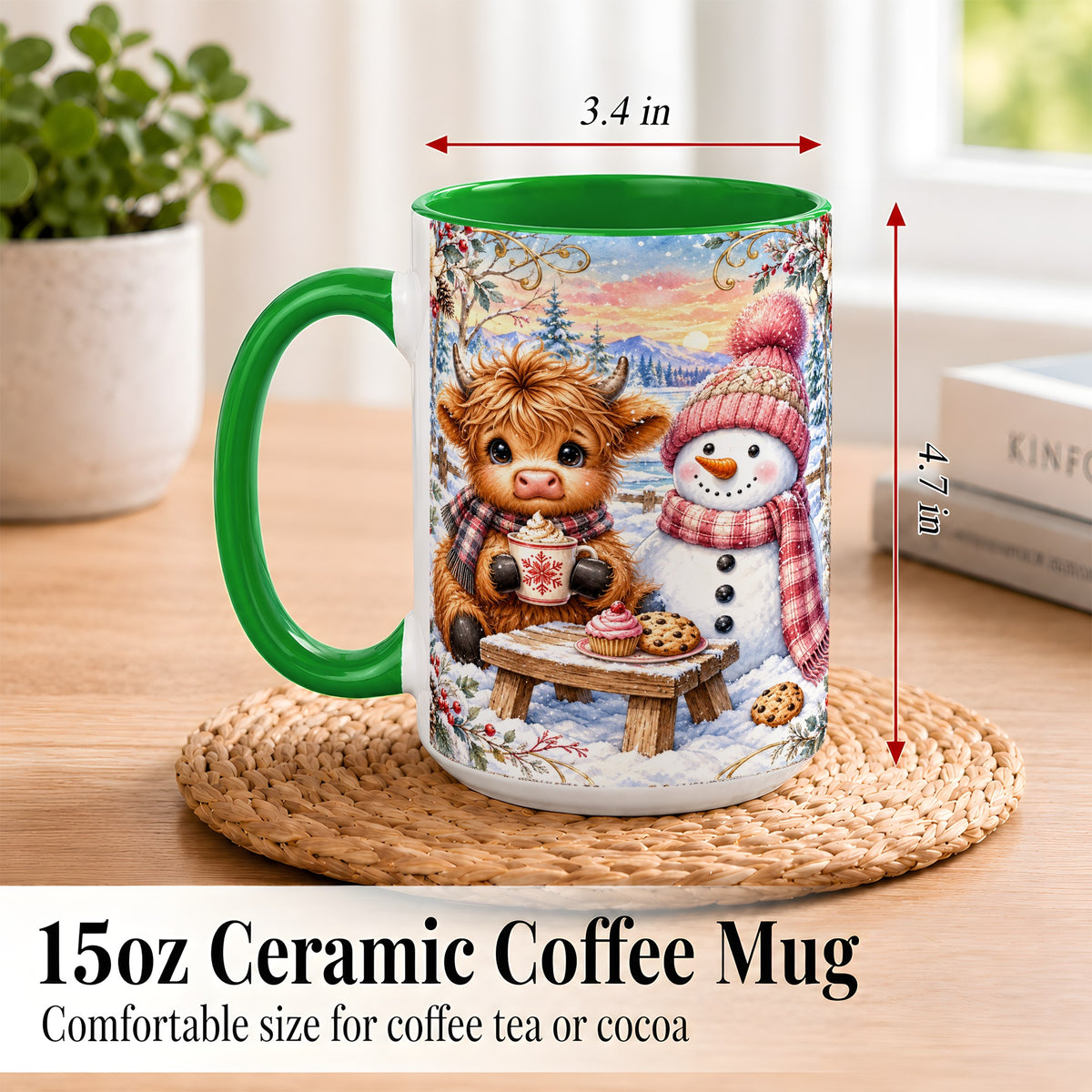 #pl[15oz|Green] Highland Cow Snowman Coffee Mug, Watercolor Winter Mug, Ceramic Cup