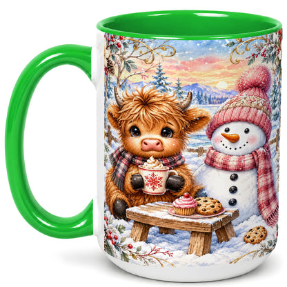#pl[15oz|Green] Highland Cow Snowman Coffee Mug, Watercolor Winter Mug, Ceramic Cup