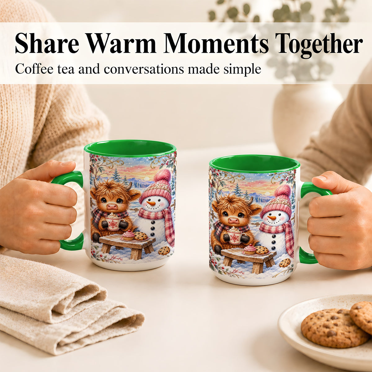 #pl[15oz|Green] Highland Cow Snowman Coffee Mug, Watercolor Winter Mug, Ceramic Cup