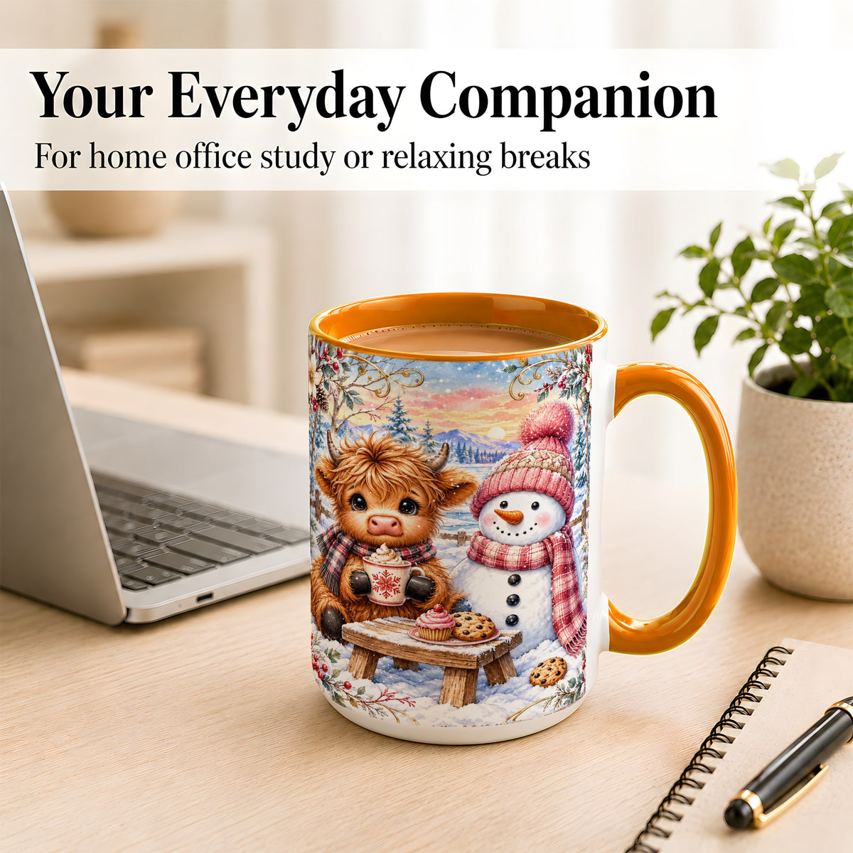 #pl[15oz|Orange] Highland Cow Snowman Coffee Mug, Watercolor Winter Mug, Ceramic Cup