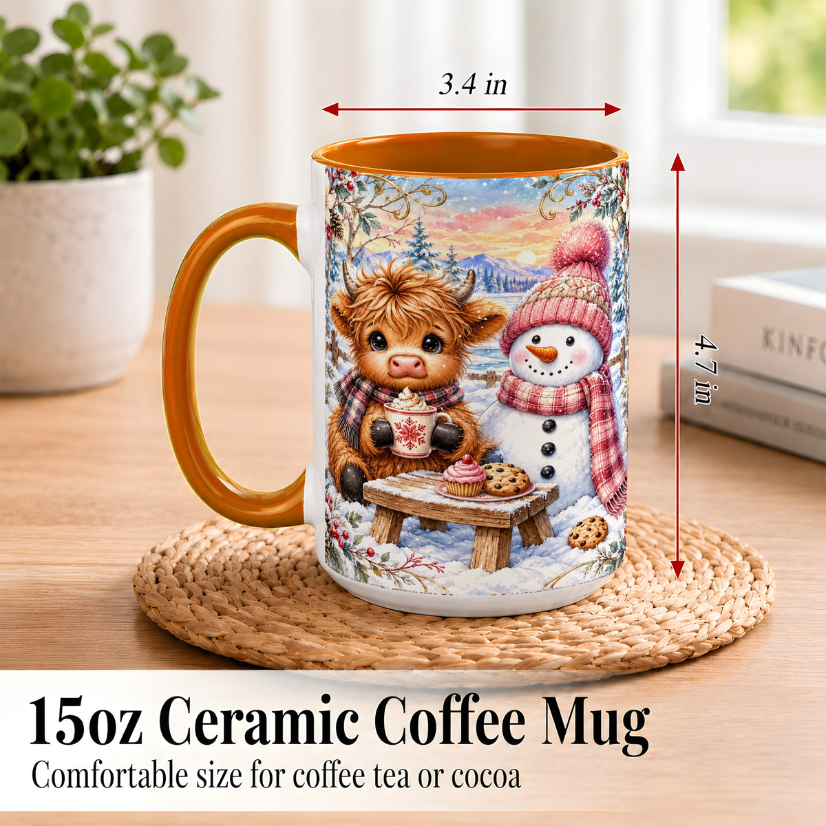 #pl[15oz|Orange] Highland Cow Snowman Coffee Mug, Watercolor Winter Mug, Ceramic Cup