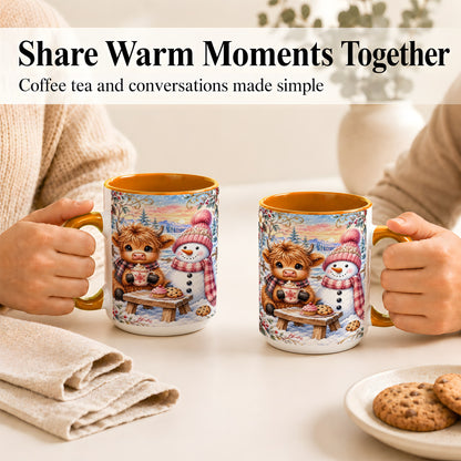 #pl[15oz|Orange] Highland Cow Snowman Coffee Mug, Watercolor Winter Mug, Ceramic Cup