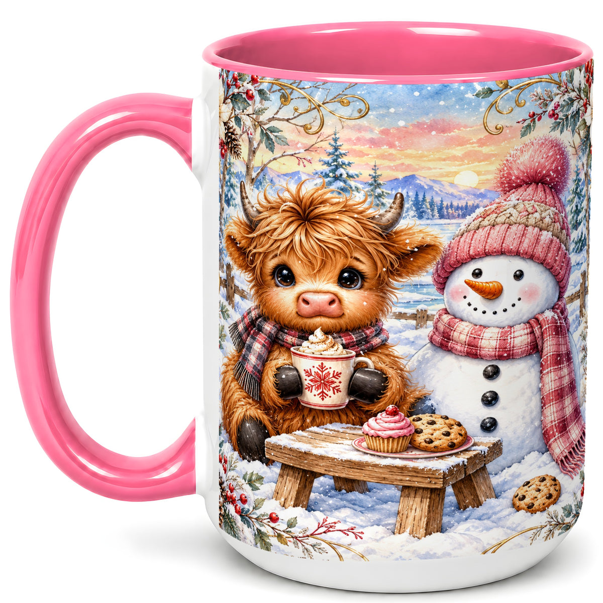 #pl[15oz|Pink] Highland Cow Snowman Coffee Mug, Watercolor Winter Mug, Ceramic Cup