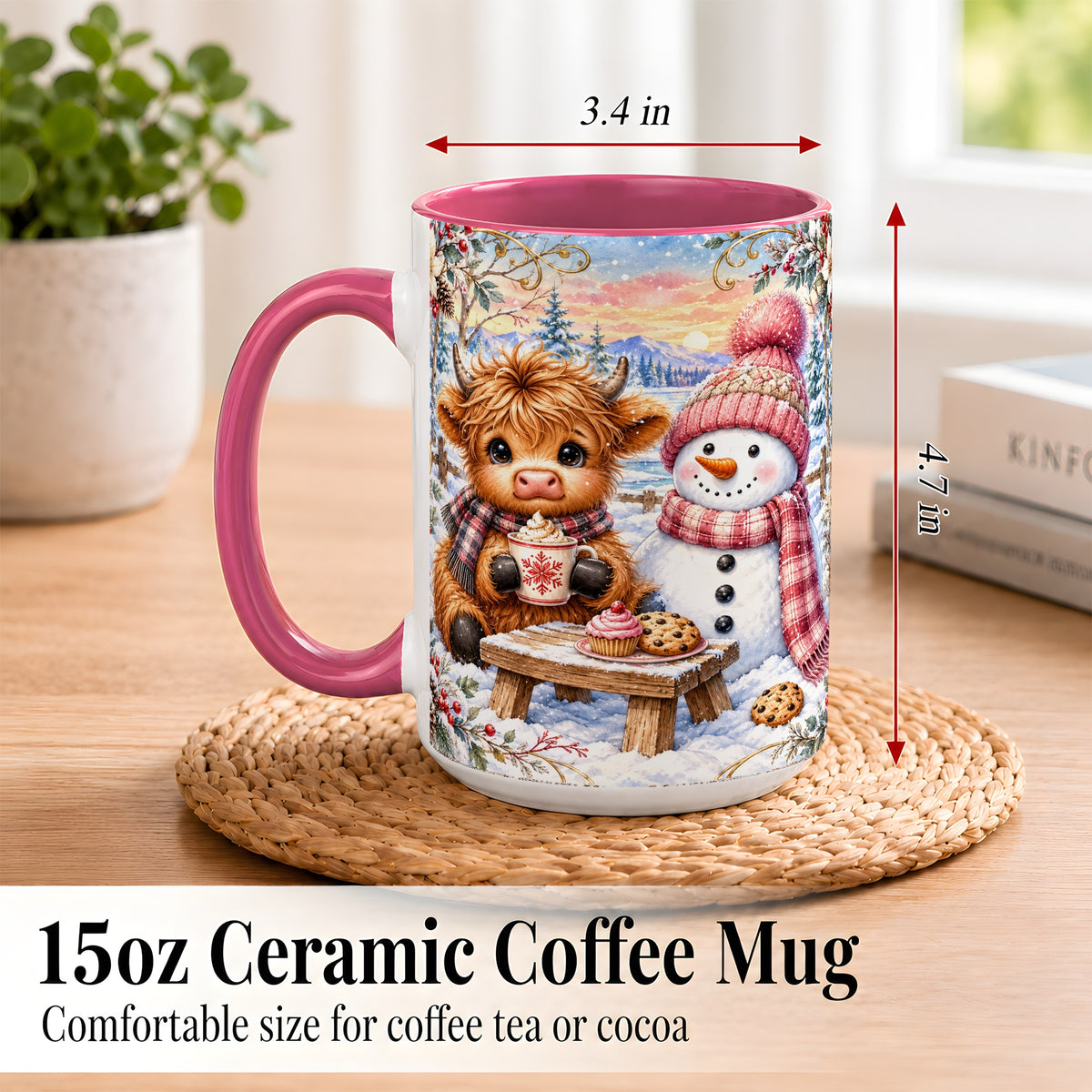 #pl[15oz|Pink] Highland Cow Snowman Coffee Mug, Watercolor Winter Mug, Ceramic Cup