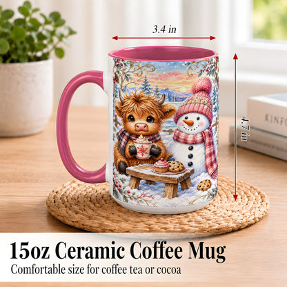 #pl[15oz|Pink] Highland Cow Snowman Coffee Mug, Watercolor Winter Mug, Ceramic Cup