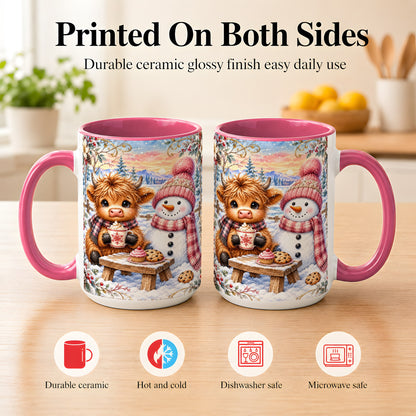 #pl[15oz|Pink] Highland Cow Snowman Coffee Mug, Watercolor Winter Mug, Ceramic Cup