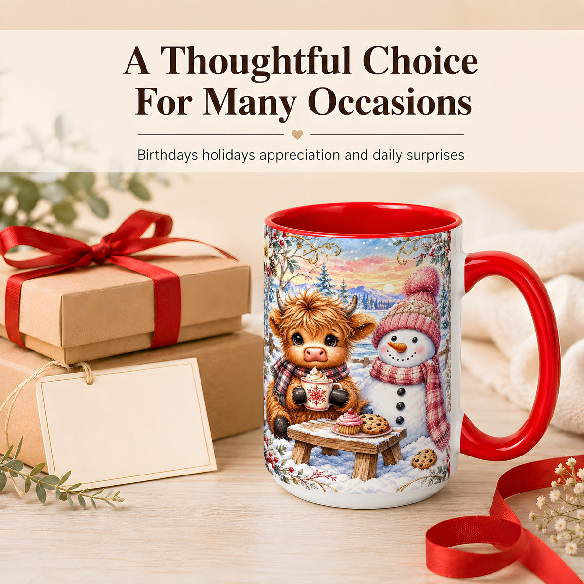 #pl[15oz|Red] Highland Cow Snowman Coffee Mug, Watercolor Winter Mug, Ceramic Cup