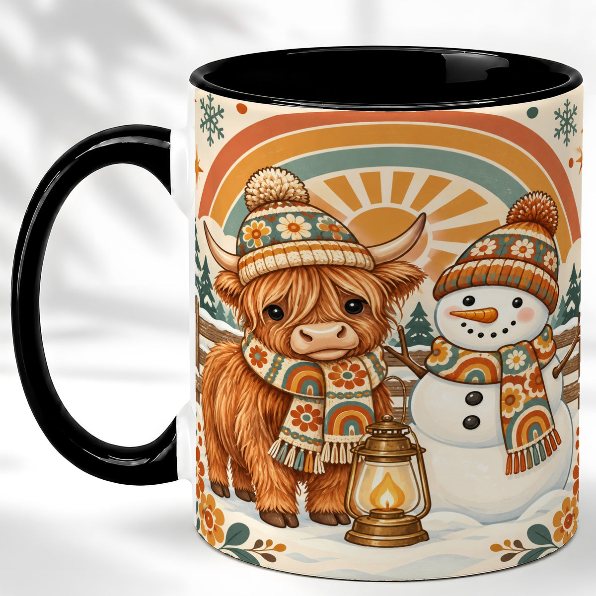 #pl[11oz|Black] Retro Cow Snowman Coffee Mug, Rainbow Winter Mug, Ceramic Cup