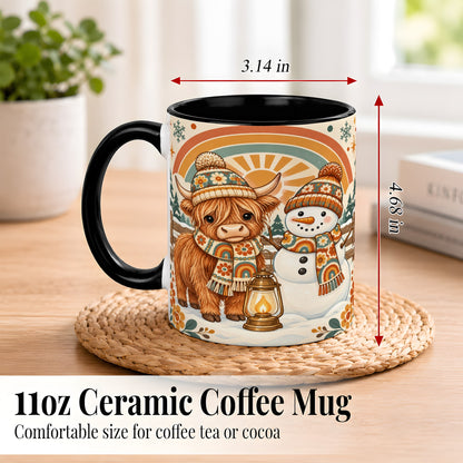 #pl[11oz|Black] Retro Cow Snowman Coffee Mug, Rainbow Winter Mug, Ceramic Cup