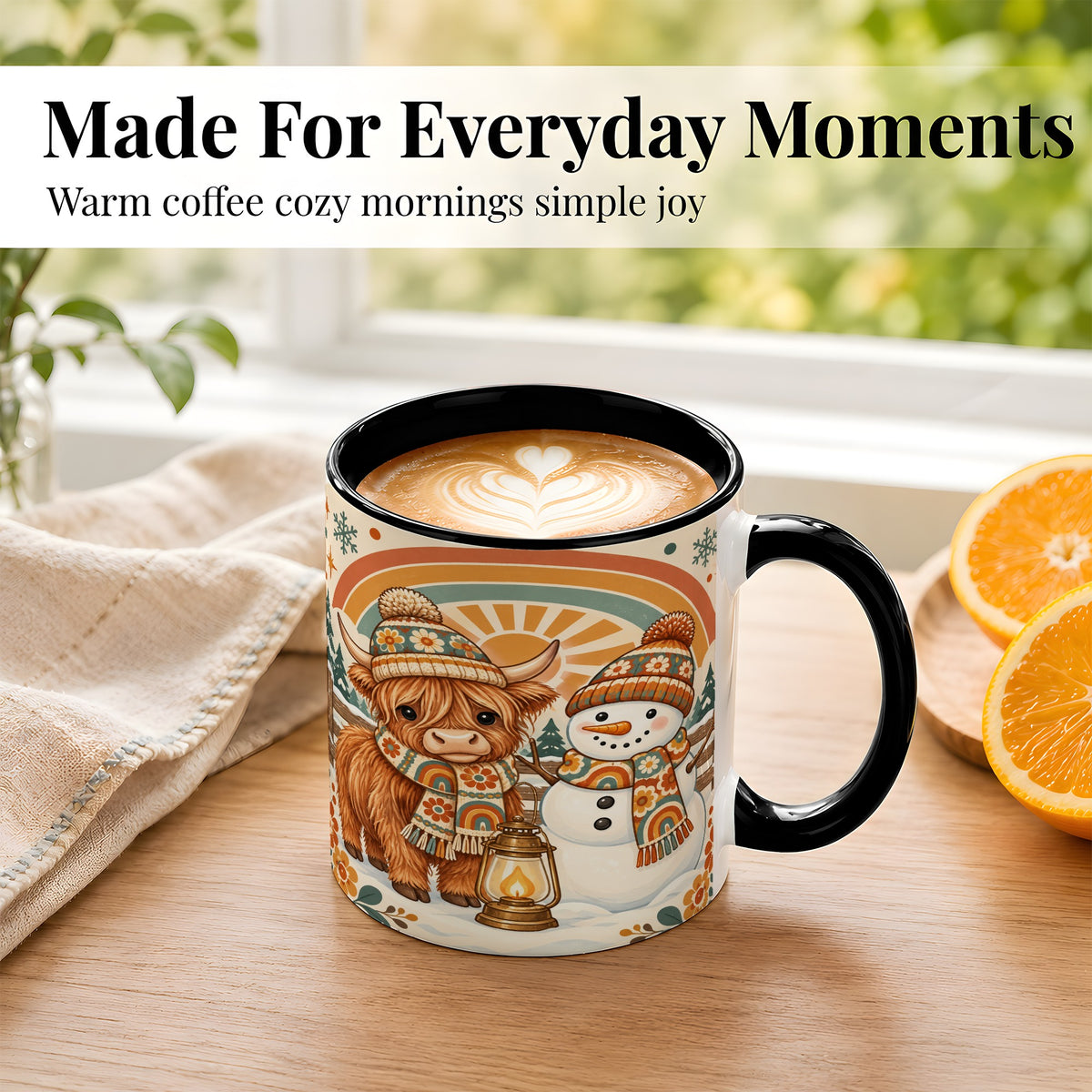 #pl[11oz|Black] Retro Cow Snowman Coffee Mug, Rainbow Winter Mug, Ceramic Cup