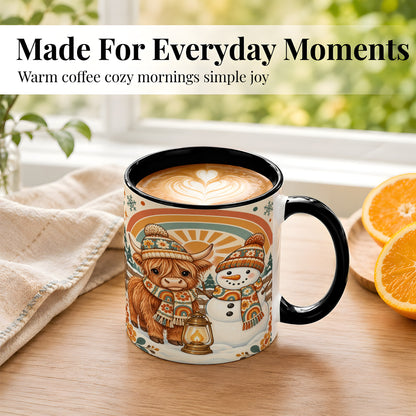#pl[11oz|Black] Retro Cow Snowman Coffee Mug, Rainbow Winter Mug, Ceramic Cup