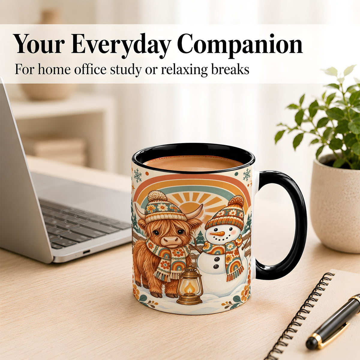 #pl[11oz|Black] Retro Cow Snowman Coffee Mug, Rainbow Winter Mug, Ceramic Cup