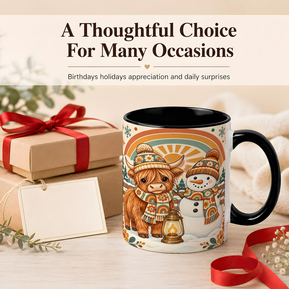 #pl[11oz|Black] Retro Cow Snowman Coffee Mug, Rainbow Winter Mug, Ceramic Cup