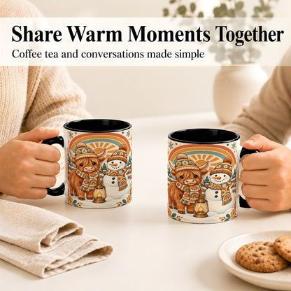 #pl[11oz|Black] Retro Cow Snowman Coffee Mug, Rainbow Winter Mug, Ceramic Cup